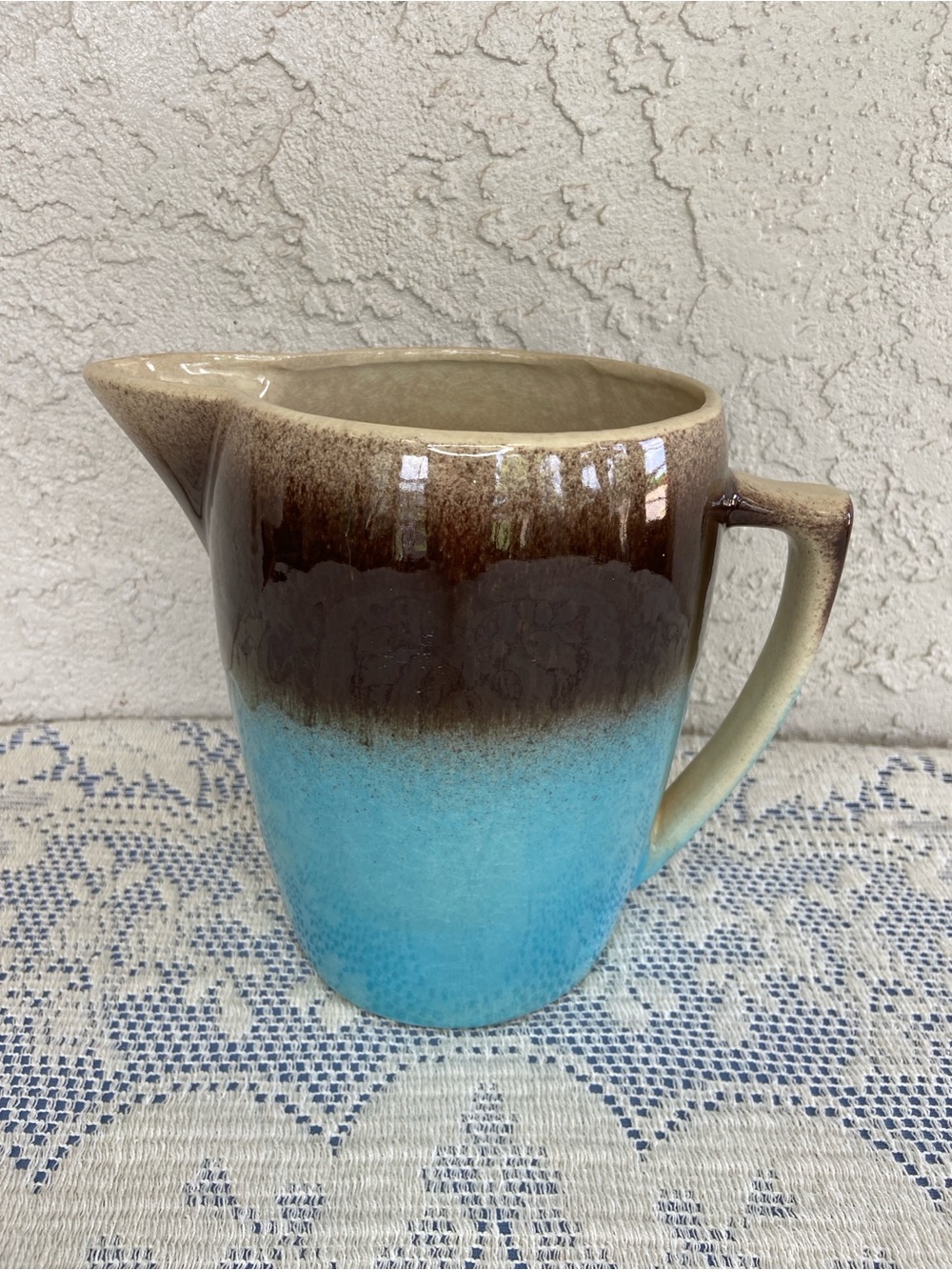 Vintage 8” Stoneware Pitcher Speckled Brown to Robin’s Egg Blue Drip Glaze